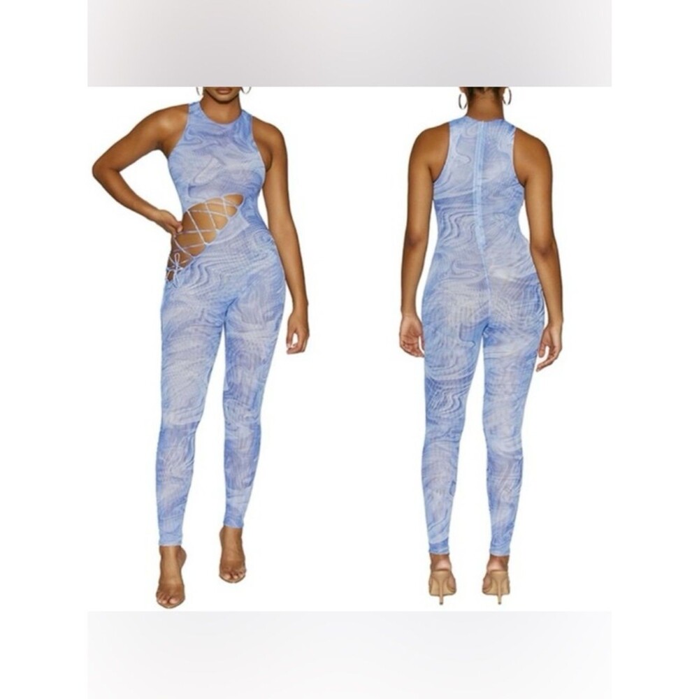 Naked Wardrobe NWT Women Small Blue Marble Mesh No Strings Attached Jumpsuit